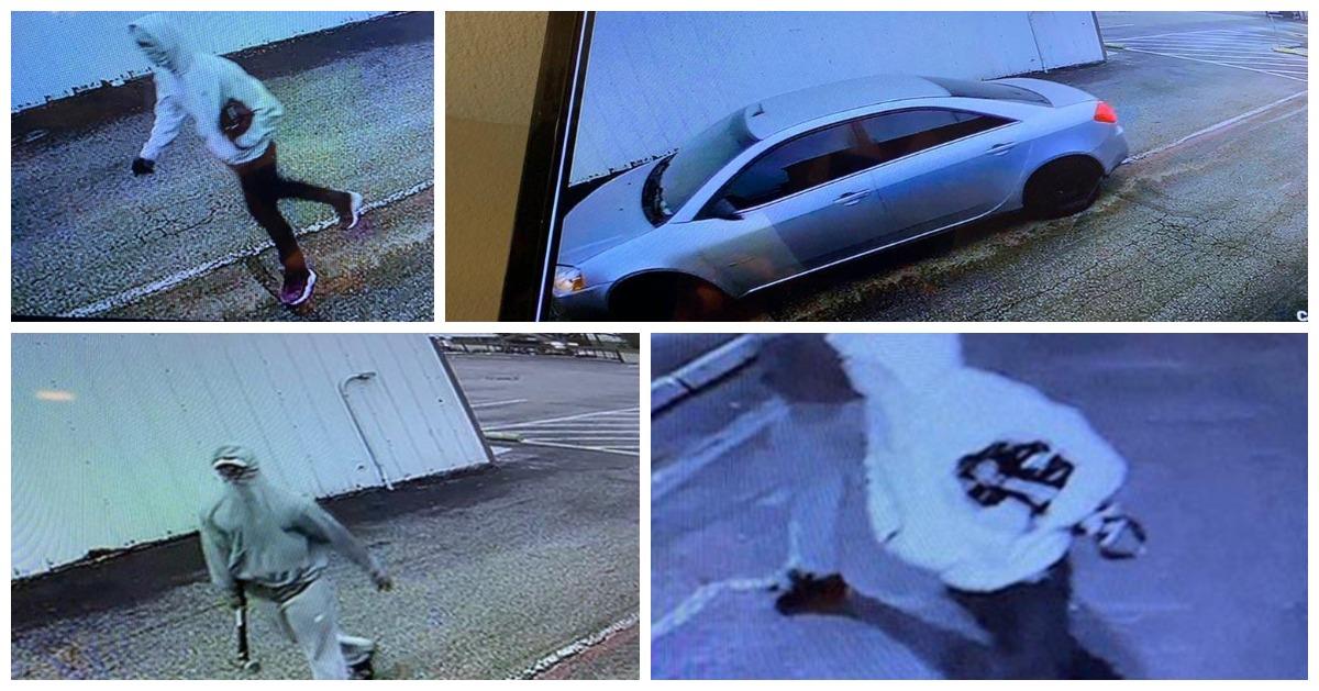 4 photos of burglar in a hoodie and sliver car
